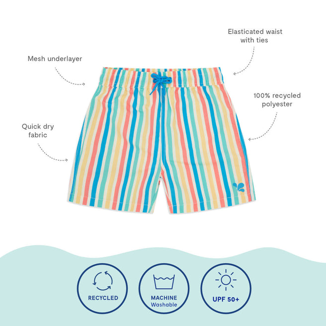 UV Protective Swim Shorts Multi Stripe, featuring an elasticated waist with ties and made from 100% recycled polyester.